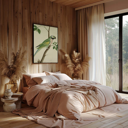 This exquisite vintage botanical illustration captures the charming elegance of a parrot perched on for Bedroom