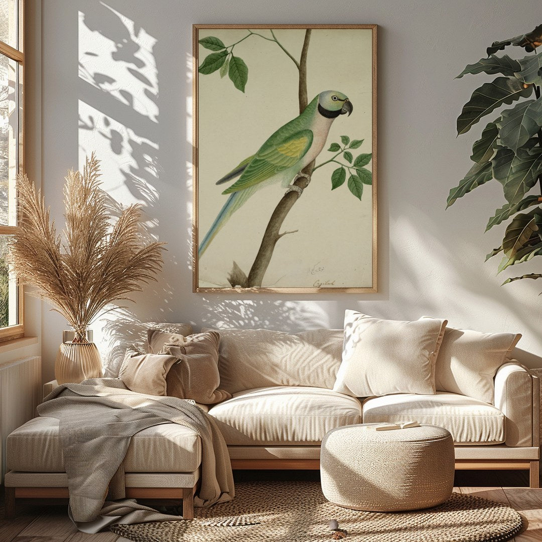 This exquisite vintage botanical illustration captures the charming elegance of a parrot perched on for Sitting Area