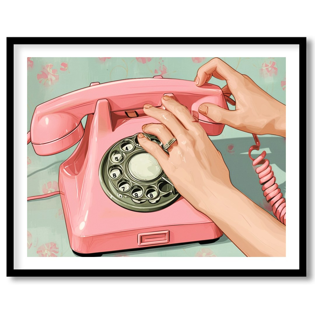 Capture the charm of a bygone era with this delightful artwork featuring a classic pink rotary for bedroom