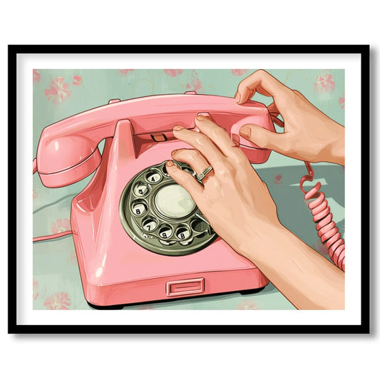 Capture the charm of a bygone era with this delightful artwork featuring a classic pink rotary for bedroom