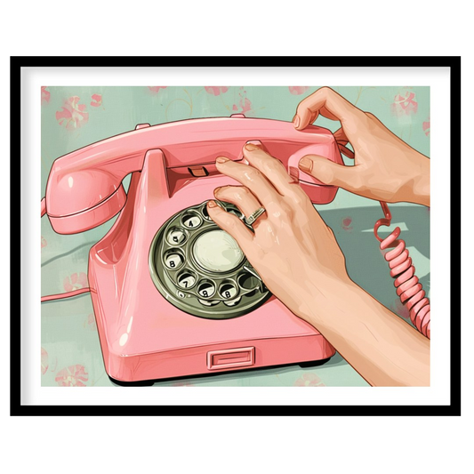 Capture the charm of a bygone era with this delightful artwork featuring a classic pink rotary for bedroom