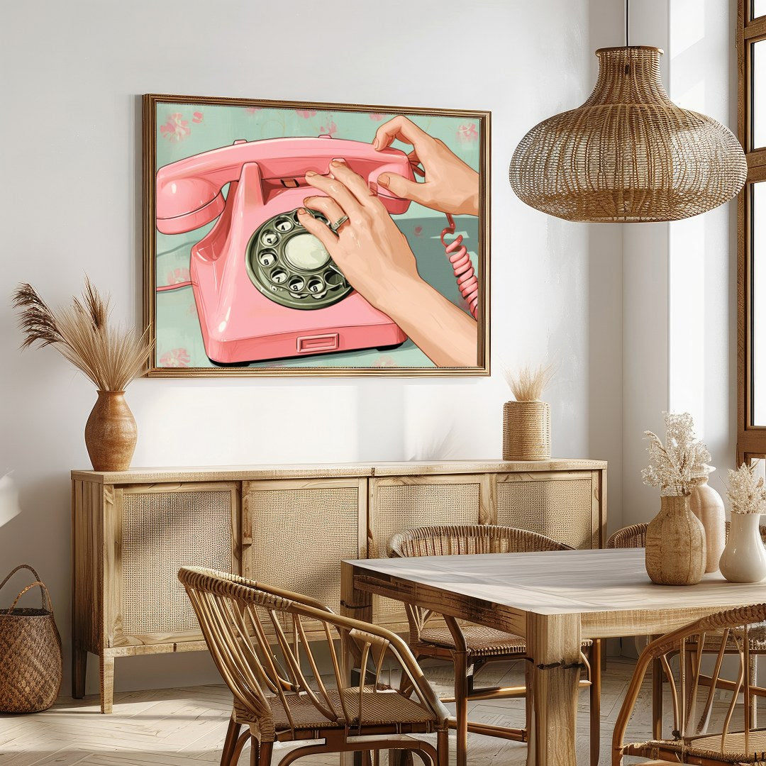 Capture the charm of a bygone era with this delightful artwork featuring a classic pink rotary for Dining