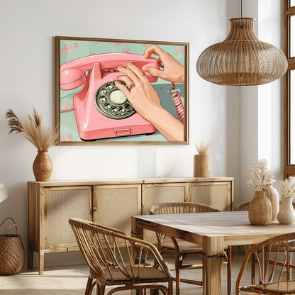 Capture the charm of a bygone era with this delightful artwork featuring a classic pink rotary for Dining