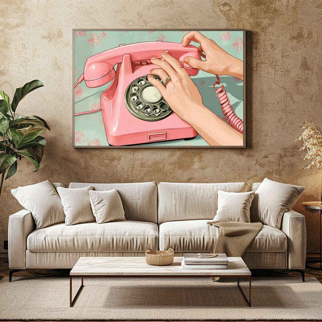 Capture the charm of a bygone era with this delightful artwork featuring a classic pink rotary for Family Room
