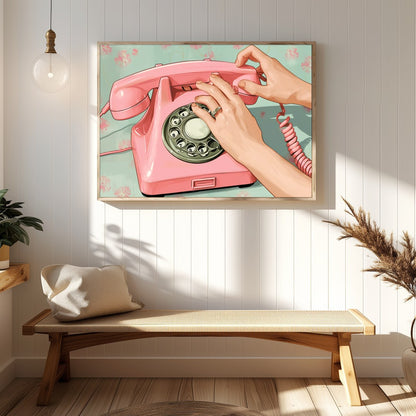 Capture the charm of a bygone era with this delightful artwork featuring a classic pink rotary for Hallway