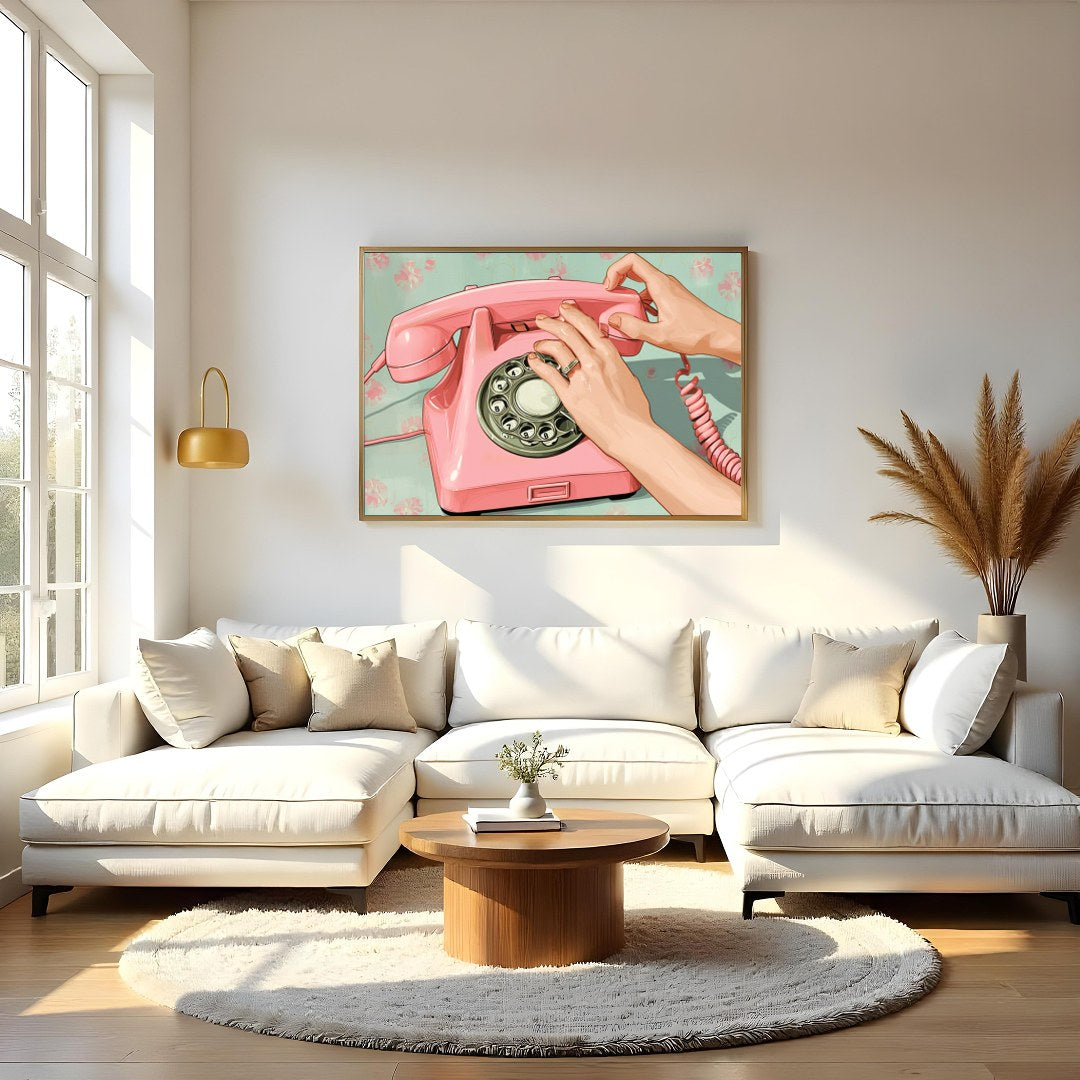 Capture the charm of a bygone era with this delightful artwork featuring a classic pink rotary for Living Room