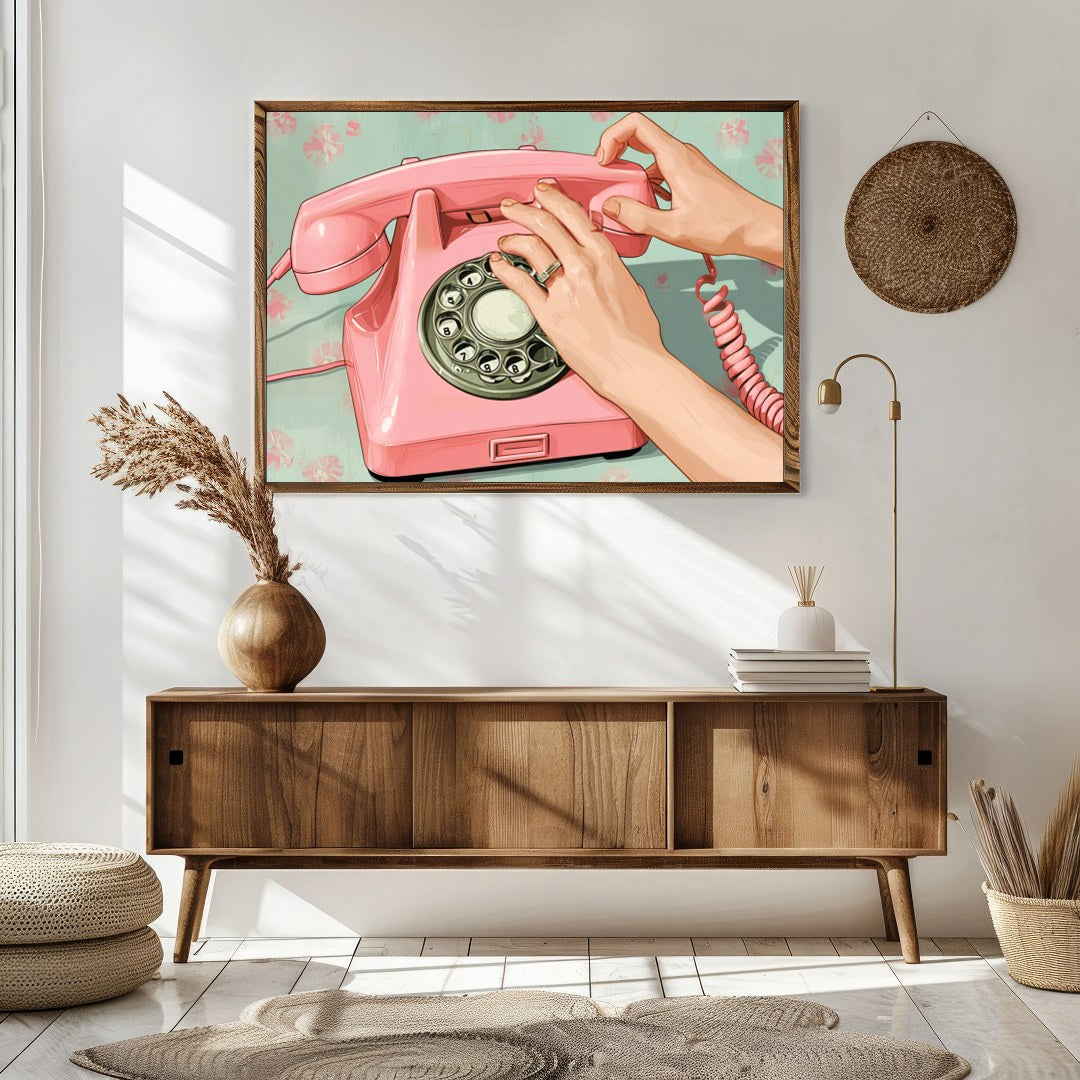 Capture the charm of a bygone era with this delightful artwork featuring a classic pink rotary for Sitting Area