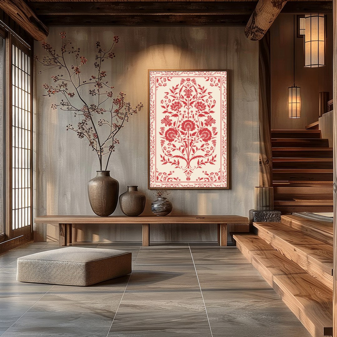 Infuse your space with timeless elegance through this vintage-inspired floral tapestry. Rich red for Hall