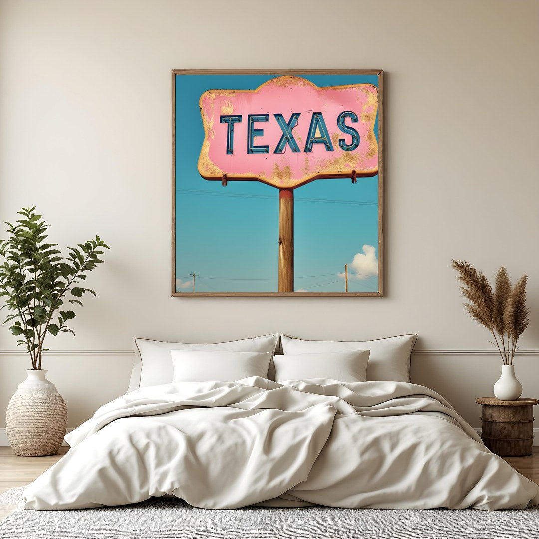 Capture the essence of Americana with this vintage Texas road sign art print. Featuring a rustic for Bedroom