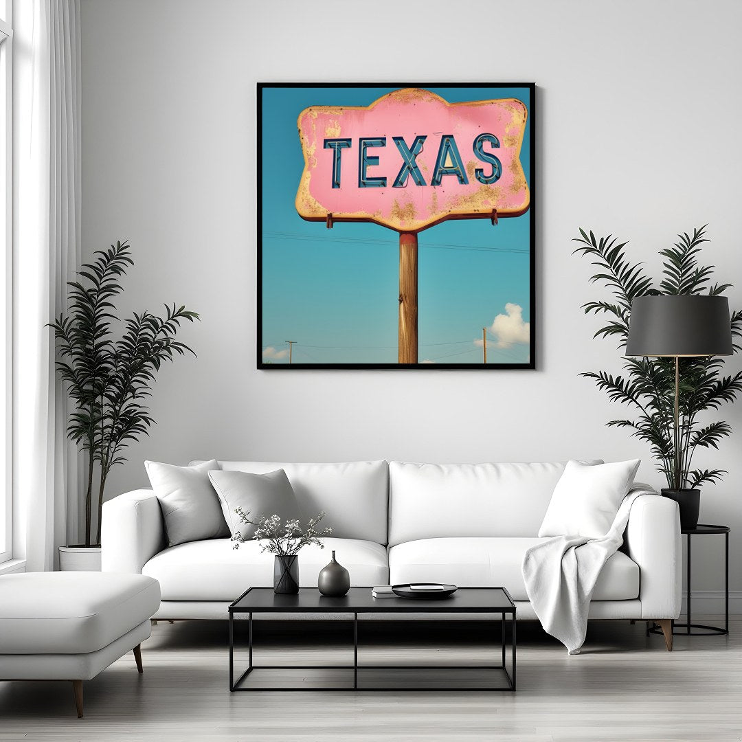 Capture the essence of Americana with this vintage Texas road sign art print. Featuring a rustic for Sitting Area