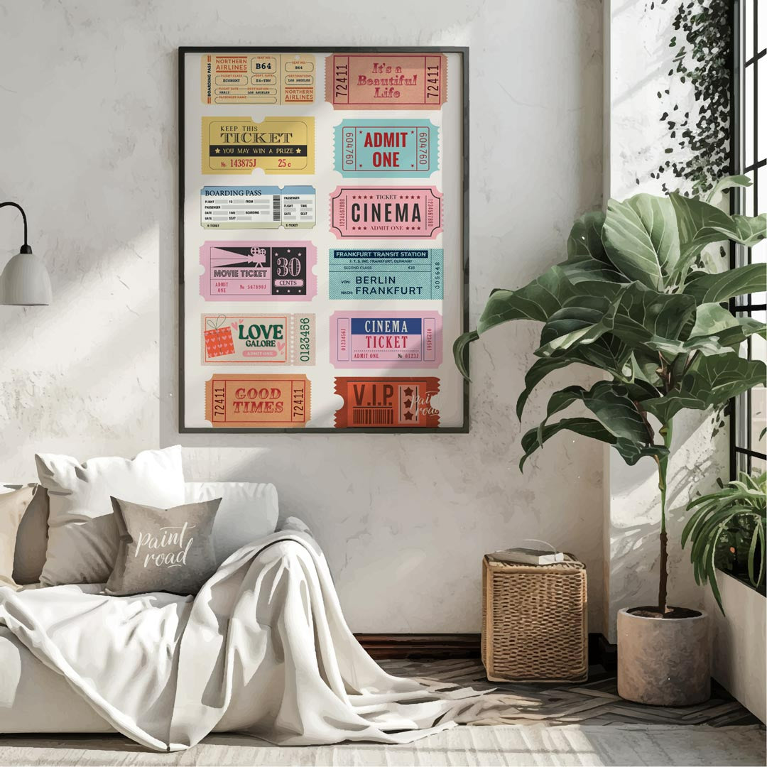 This delightful collection of vintage-inspired tickets evokes a sense of nostalgia and wanderlust. … for living room