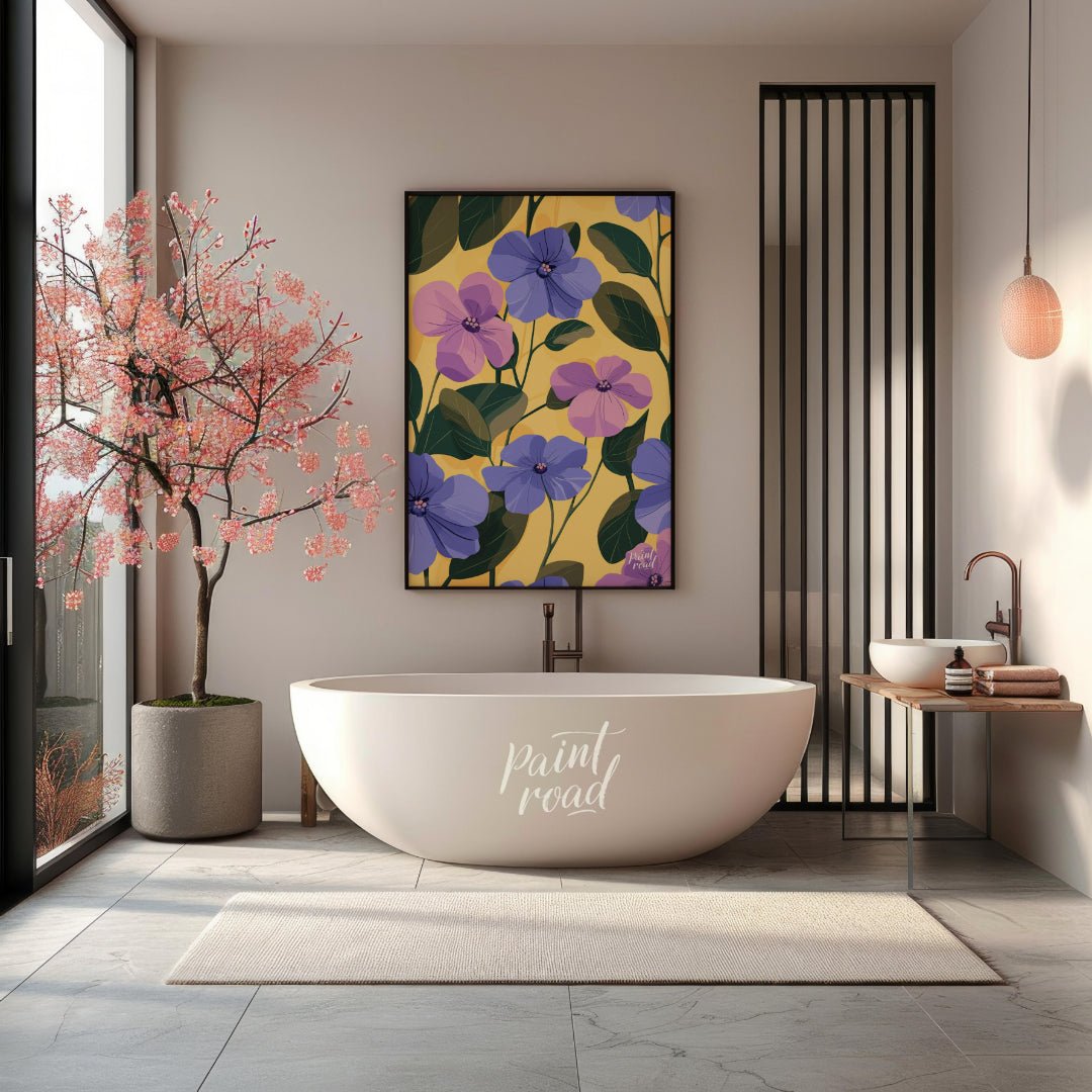 This vibrant digital pattern features a cascade of violet and lavender flowers with delicate petals… for bathroom