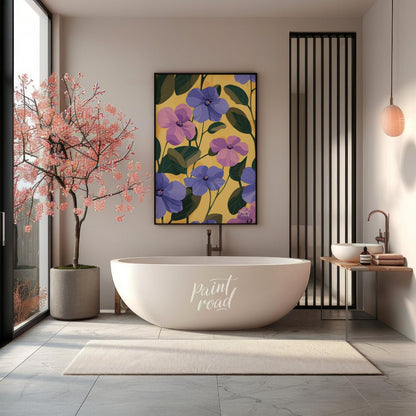 This vibrant digital pattern features a cascade of violet and lavender flowers with delicate petals… for bathroom