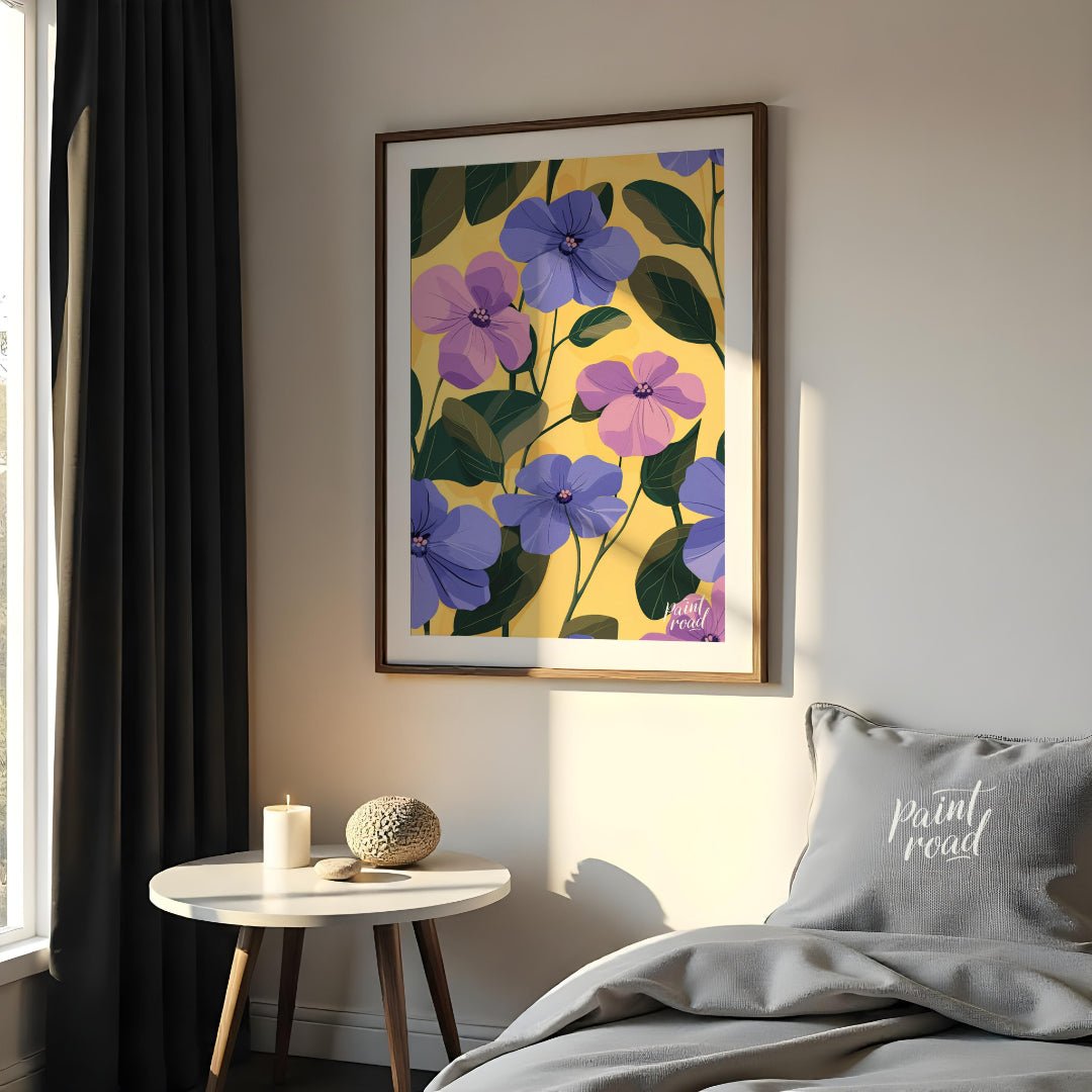 This vibrant digital pattern features a cascade of violet and lavender flowers with delicate petals… for bedroom