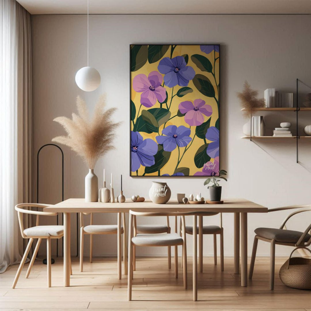 This vibrant digital pattern features a cascade of violet and lavender flowers with delicate petals… for dining room