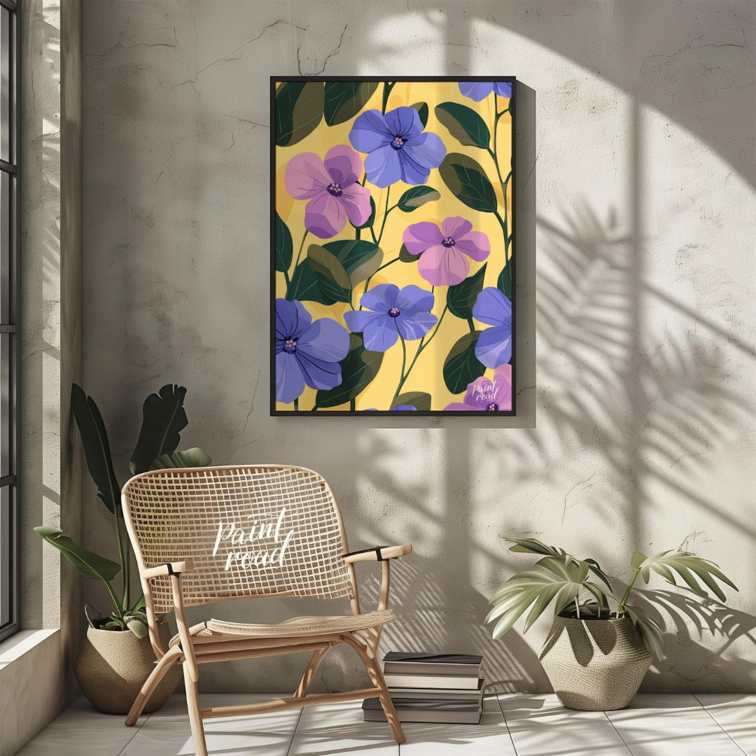 This vibrant digital pattern features a cascade of violet and lavender flowers with delicate petals… for living room
