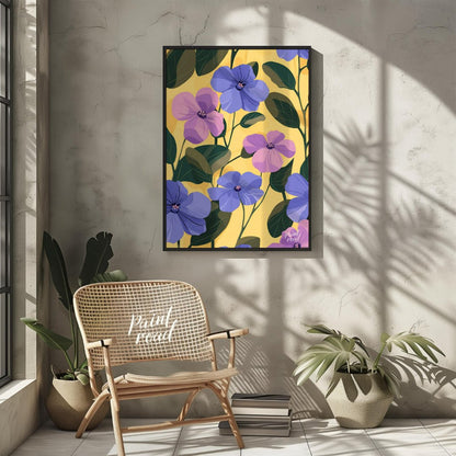 This vibrant digital pattern features a cascade of violet and lavender flowers with delicate petals… for living room
