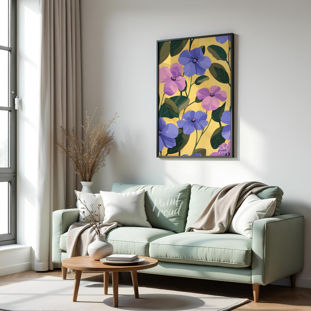 This vibrant digital pattern features a cascade of violet and lavender flowers with delicate petals… for living room