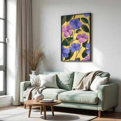 This vibrant digital pattern features a cascade of violet and lavender flowers with delicate petals… for living room