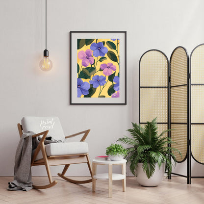 This vibrant digital pattern features a cascade of violet and lavender flowers with delicate petals… for living room