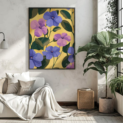 This vibrant digital pattern features a cascade of violet and lavender flowers with delicate petals… for living room