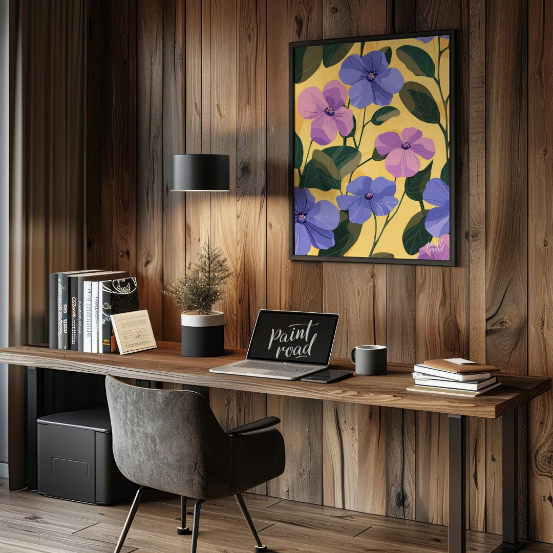 This vibrant digital pattern features a cascade of violet and lavender flowers with delicate petals… for office