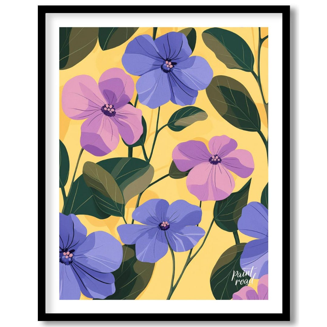 This vibrant digital pattern features a cascade of violet and lavender flowers with delicate petals… for space