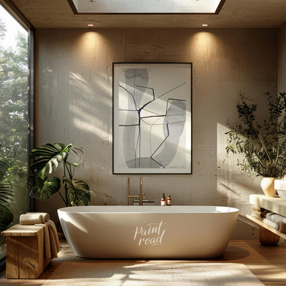 """Violet Nexus"" presents a minimalist abstract composition with a delicate interplay of soft gray… for bathroom