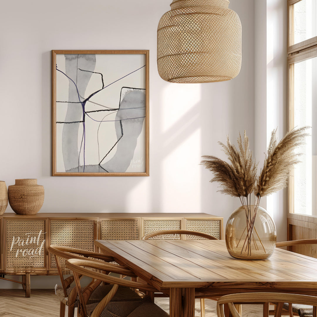"""Violet Nexus"" presents a minimalist abstract composition with a delicate interplay of soft gray… for dining room