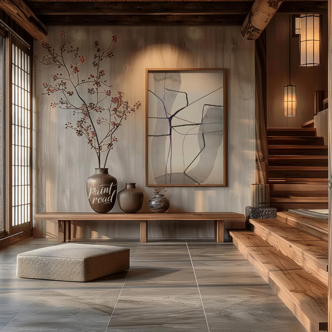 """Violet Nexus"" presents a minimalist abstract composition with a delicate interplay of soft gray… for entryway