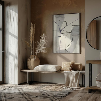 """Violet Nexus"" presents a minimalist abstract composition with a delicate interplay of soft gray… for entryway