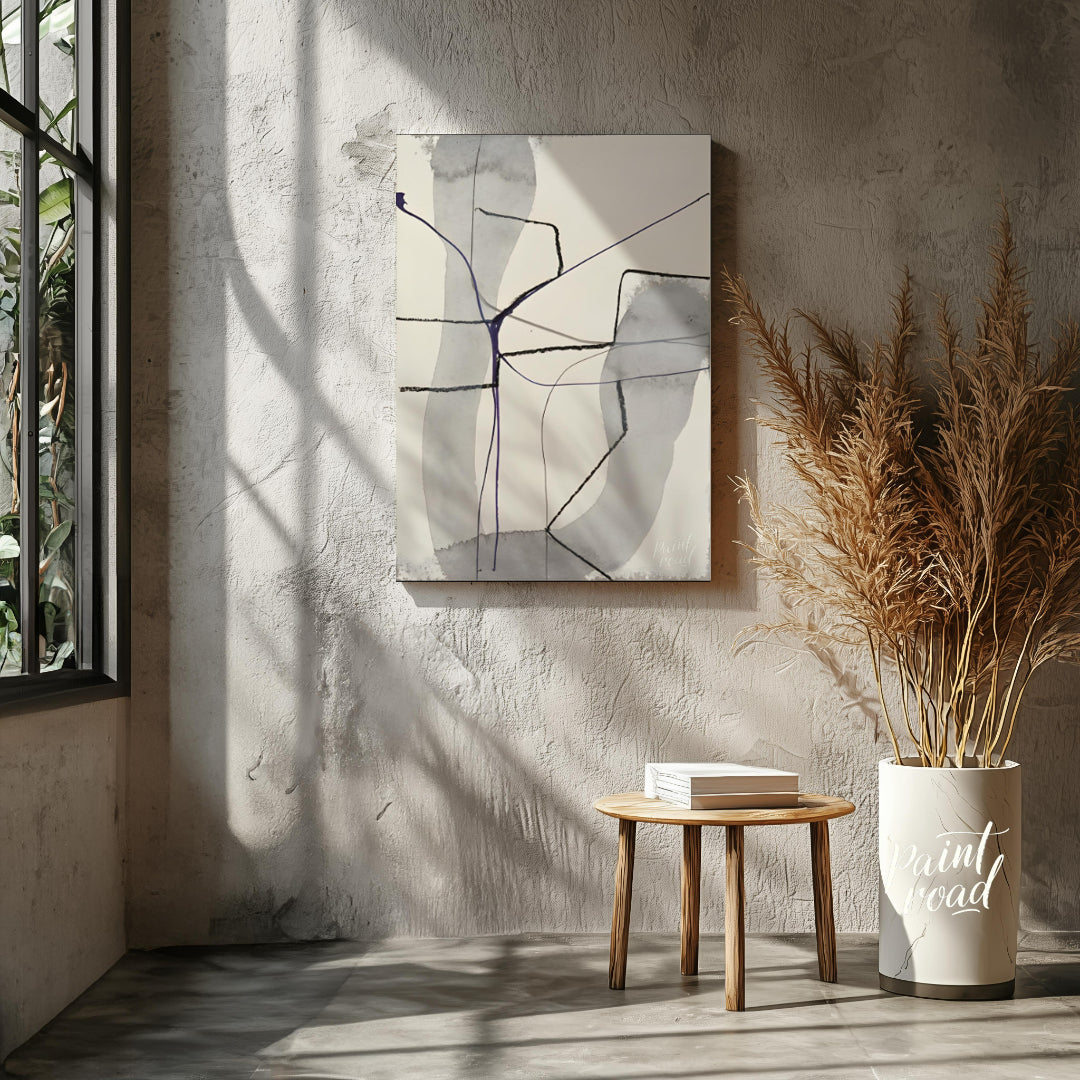 """Violet Nexus"" presents a minimalist abstract composition with a delicate interplay of soft gray… for living room