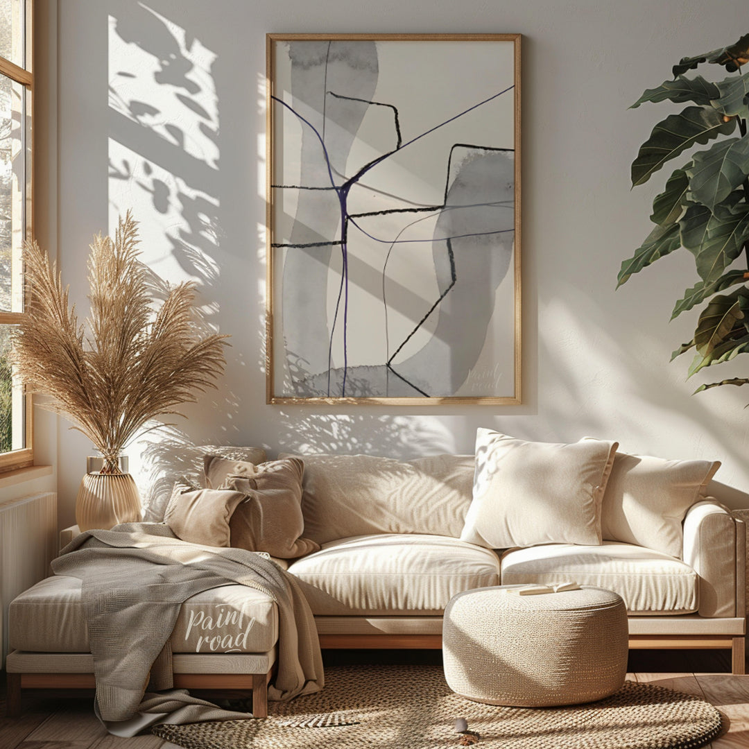 """Violet Nexus"" presents a minimalist abstract composition with a delicate interplay of soft gray… for living room