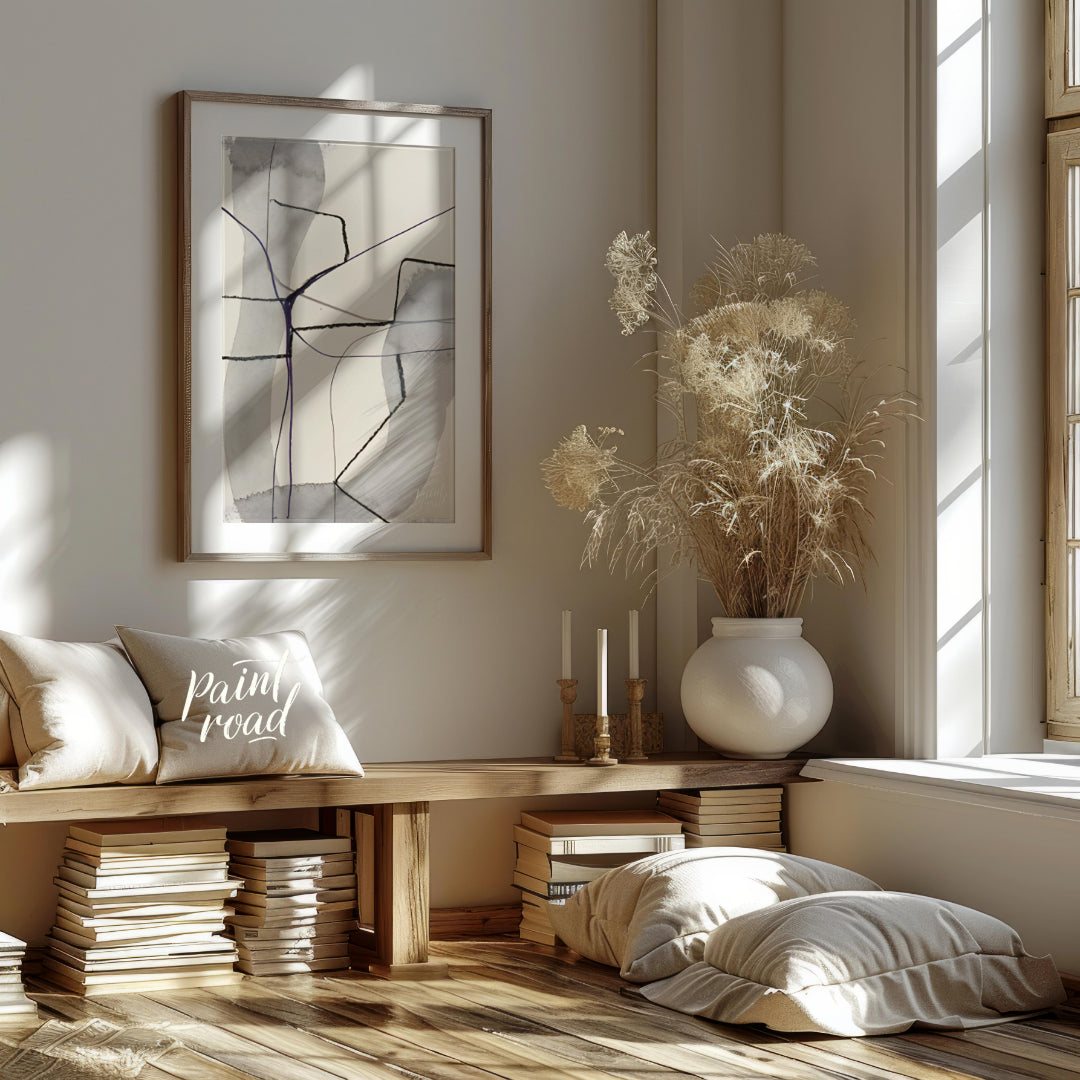 """Violet Nexus"" presents a minimalist abstract composition with a delicate interplay of soft gray… for living room