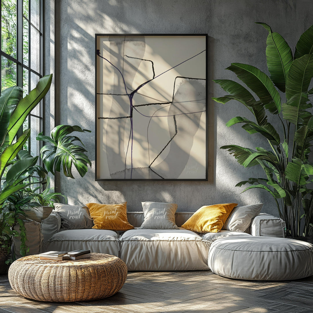 """Violet Nexus"" presents a minimalist abstract composition with a delicate interplay of soft gray… for living room