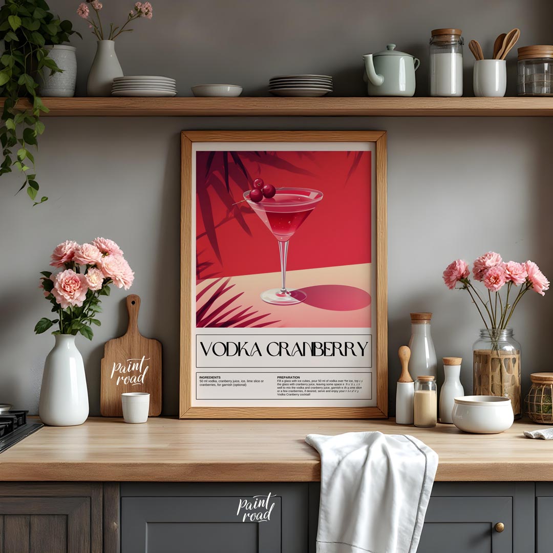 This striking poster features a classic Vodka Cranberry cocktail, beautifully rendered with a vibra… for kitchen