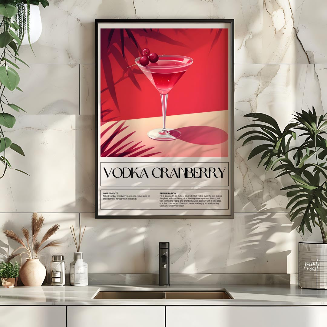 This striking poster features a classic Vodka Cranberry cocktail, beautifully rendered with a vibra… for kitchen