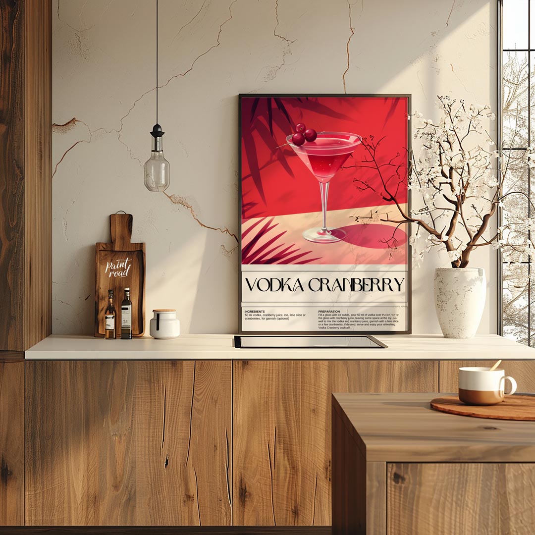 This striking poster features a classic Vodka Cranberry cocktail, beautifully rendered with a vibra… for kitchen