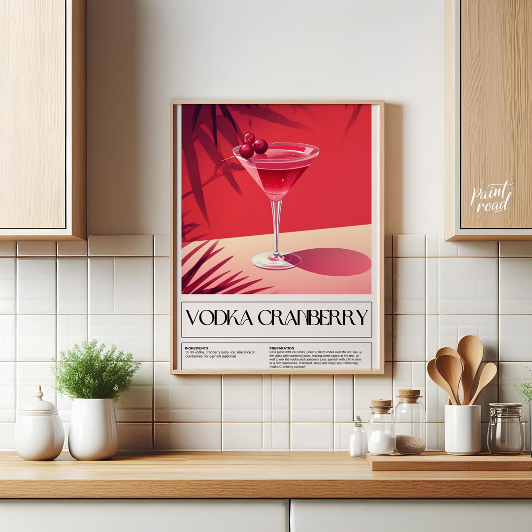 This striking poster features a classic Vodka Cranberry cocktail, beautifully rendered with a vibra… for kitchen