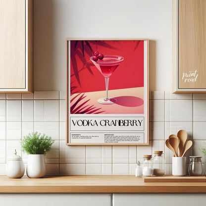 This striking poster features a classic Vodka Cranberry cocktail, beautifully rendered with a vibra… for kitchen