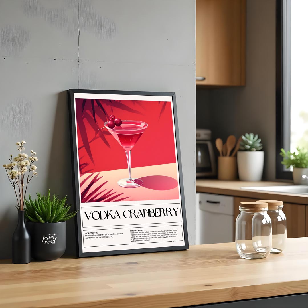 This striking poster features a classic Vodka Cranberry cocktail, beautifully rendered with a vibra… for kitchen