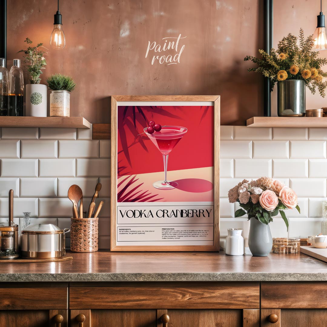 This striking poster features a classic Vodka Cranberry cocktail, beautifully rendered with a vibra… for kitchen