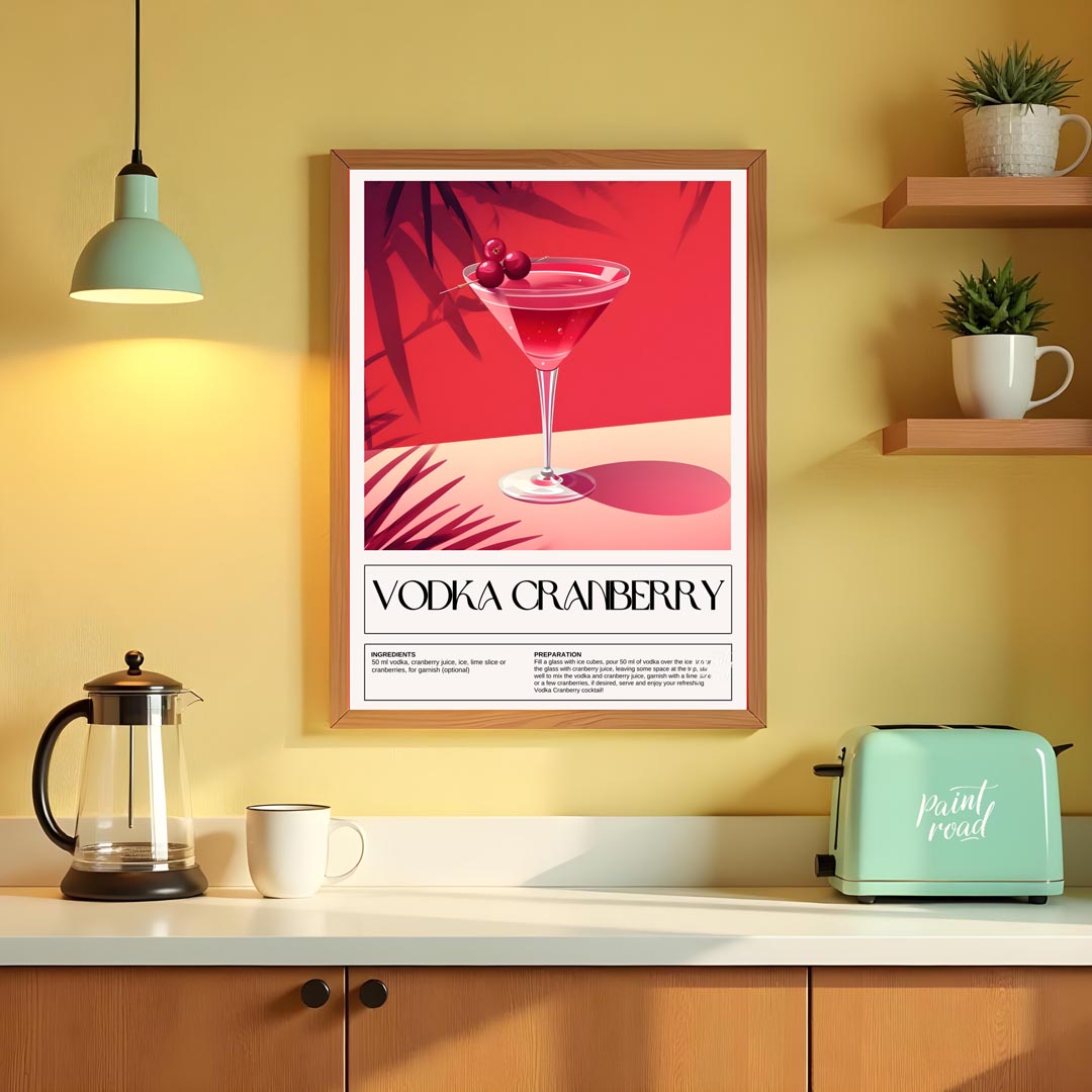 This striking poster features a classic Vodka Cranberry cocktail, beautifully rendered with a vibra… for kitchen