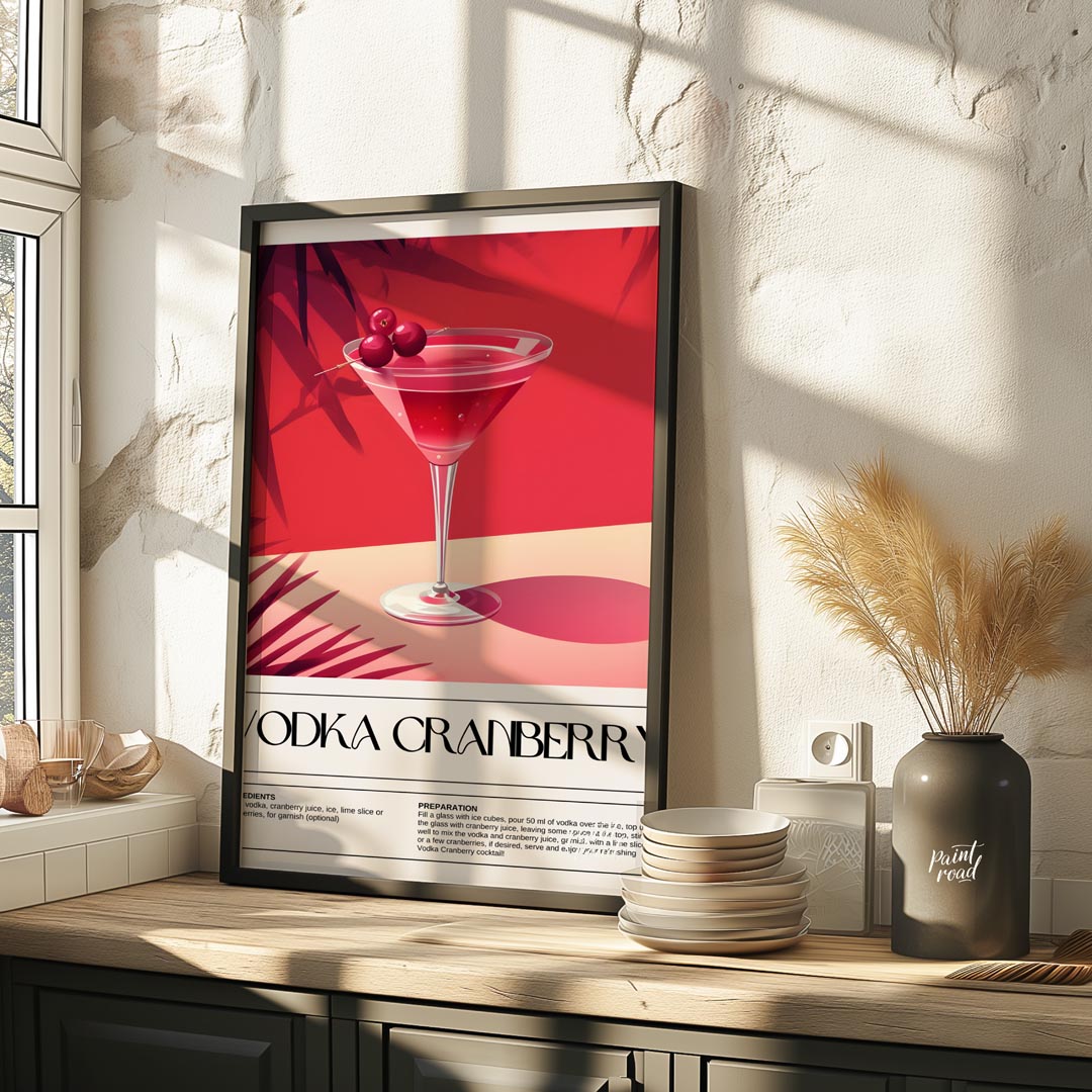 This striking poster features a classic Vodka Cranberry cocktail, beautifully rendered with a vibra… for kitchen