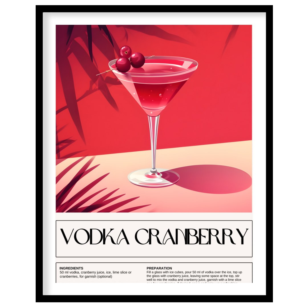 This striking poster features a classic Vodka Cranberry cocktail, beautifully rendered with a vibra… for room