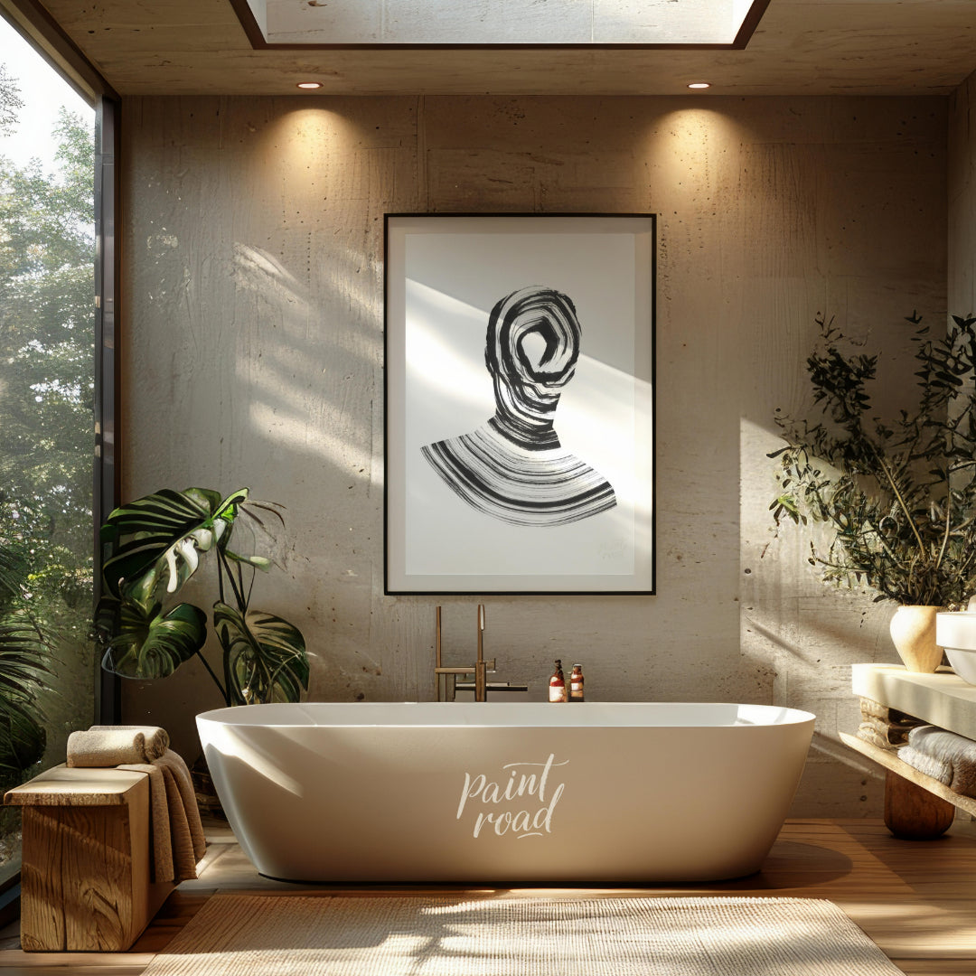 """Vortex Portrait"" presents a striking abstract depiction of a human figure rendered in bold blac… for bathroom