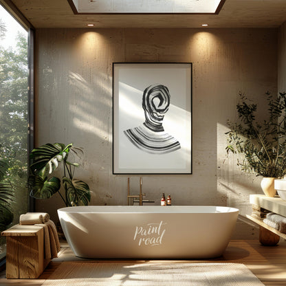 """Vortex Portrait"" presents a striking abstract depiction of a human figure rendered in bold blac… for bathroom