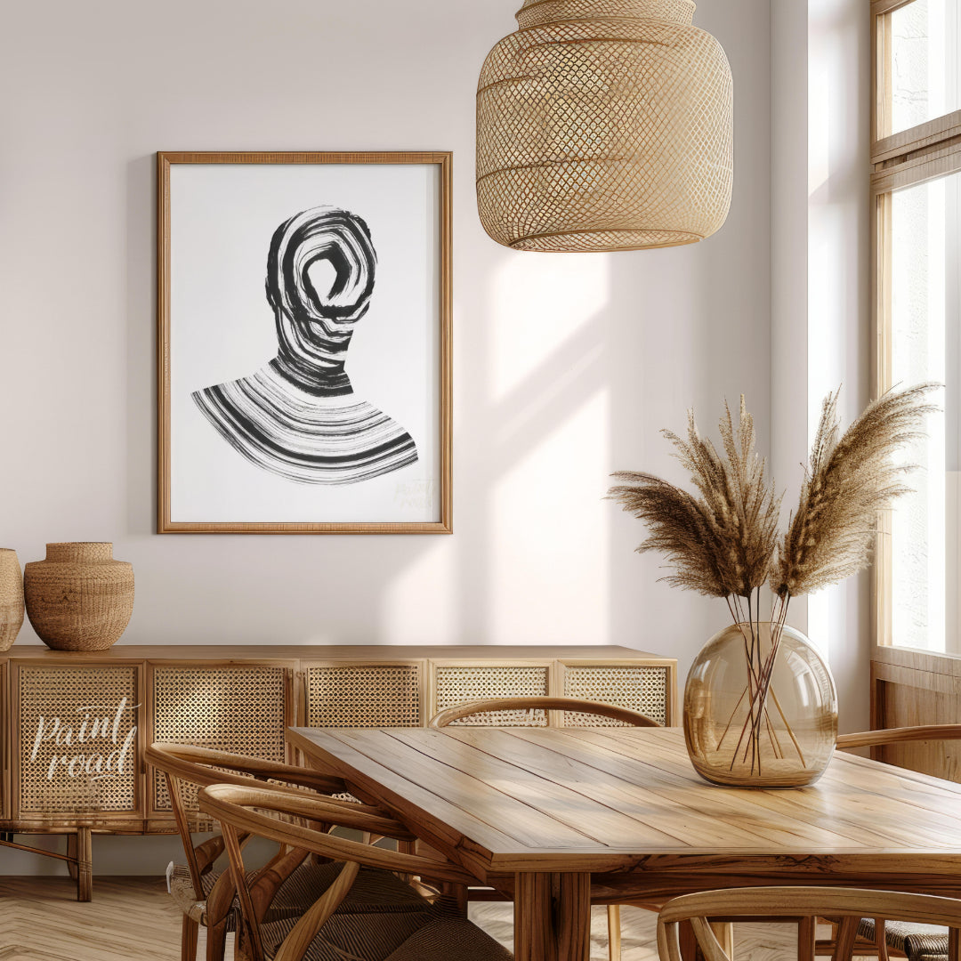 """Vortex Portrait"" presents a striking abstract depiction of a human figure rendered in bold blac… for dining room