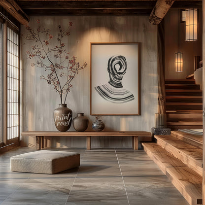 """Vortex Portrait"" presents a striking abstract depiction of a human figure rendered in bold blac… for entryway