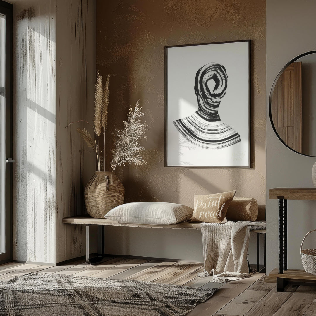 """Vortex Portrait"" presents a striking abstract depiction of a human figure rendered in bold blac… for entryway